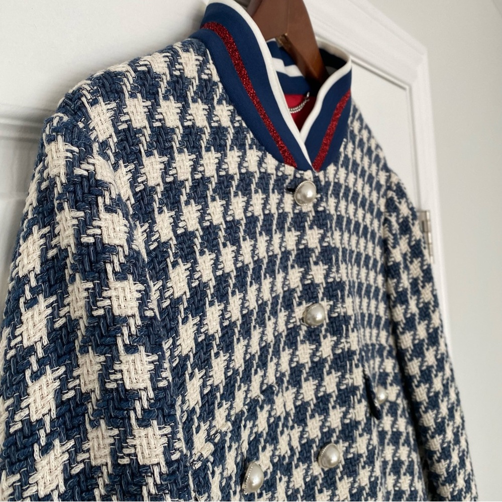 Marc Aurel Navy & Ivory Houndstooth Boucle Pearl Button Coat Size 46 (XL) - Picture 6 of 14